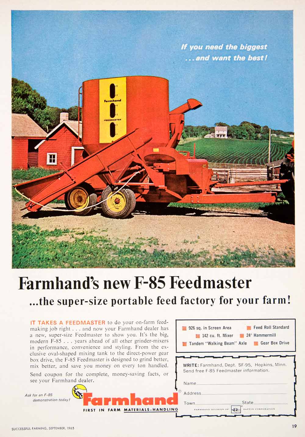 1965 Ad Farmhand Hopkins Minnesota Feedmaster Pasture Agriculture Farming SF1