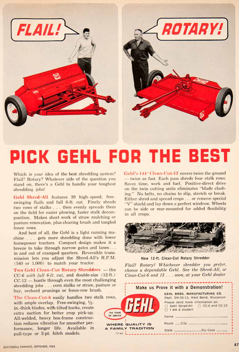 1965 Ad Gehl Brothers Manufacturing Rotary Farming Implement Tool Shredder SF1