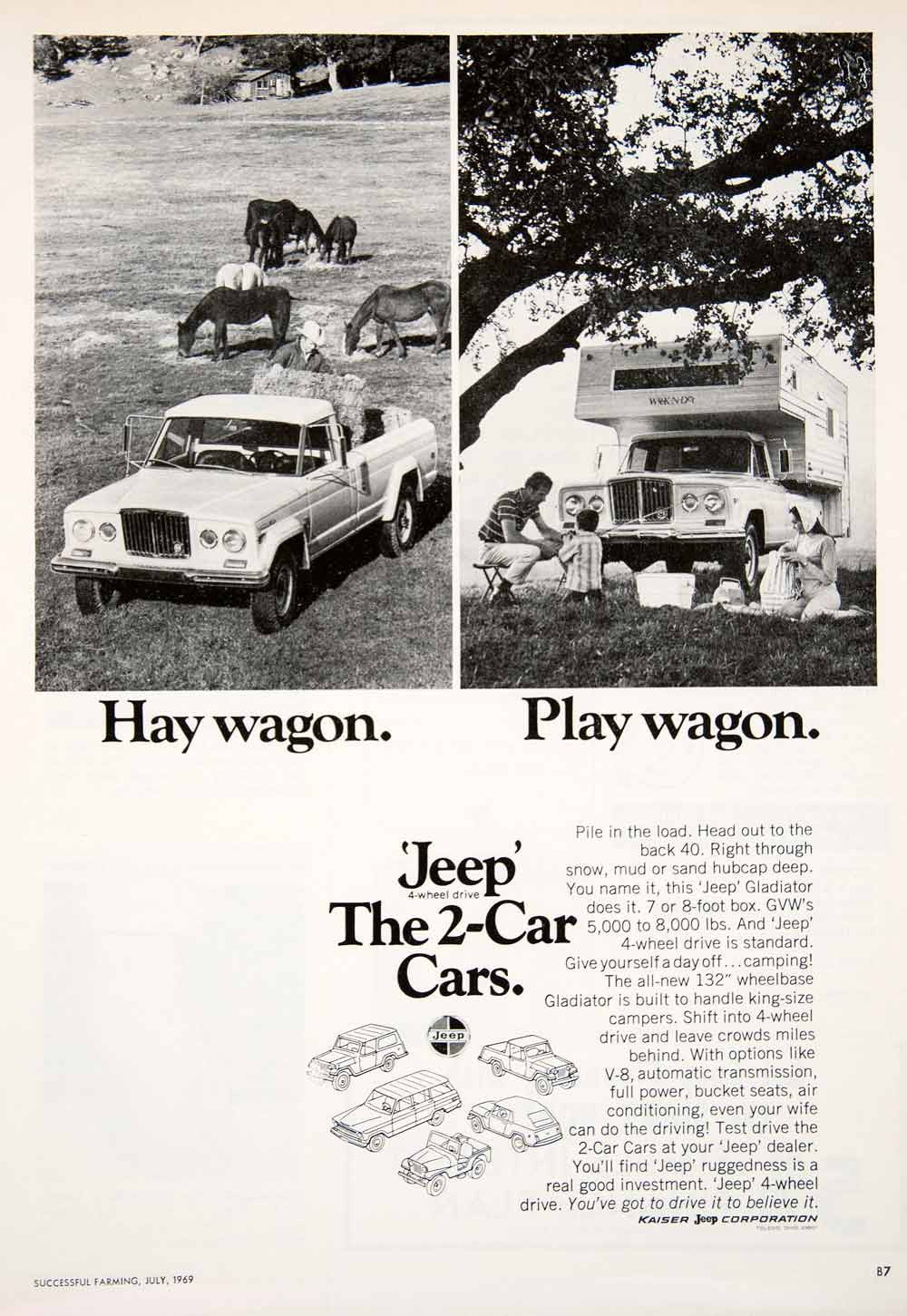 1969 Ad Jeep Kaiser Truck Automobile Gladiator Camper Hay Wagon Vehicle SF1 - Period Paper
