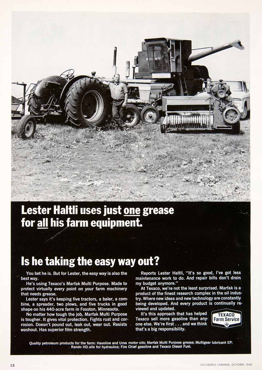 1968 Ad Texaco Lester Haltli Farming Equipment Service Diesel Fuel Tractor SF1