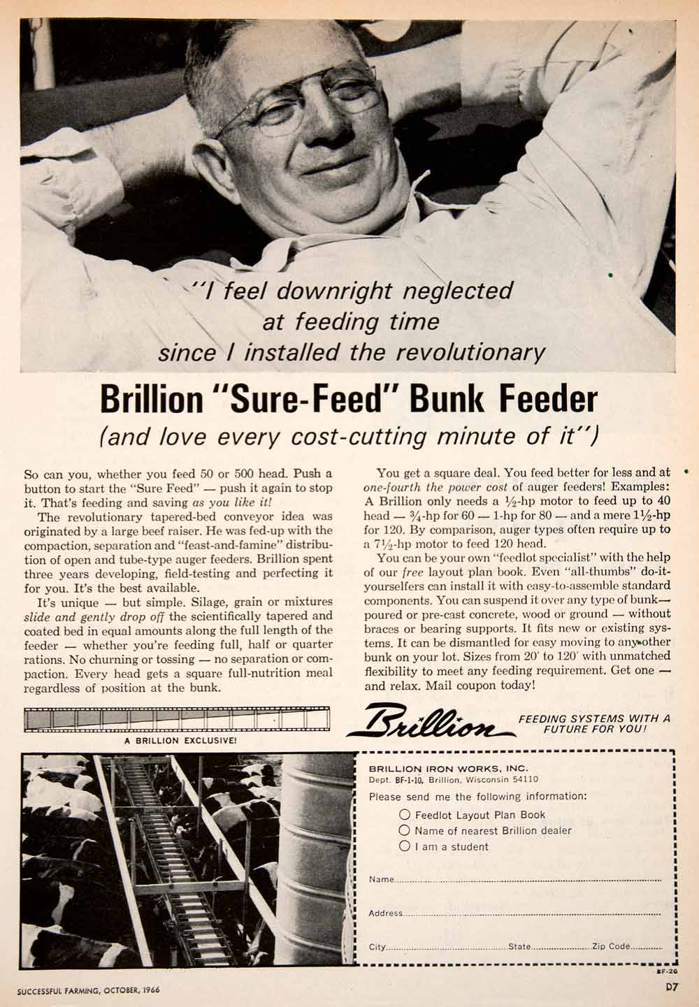 1966 Ad Brillion Iron Works Wisconsin Bunk Feeder Sure Feed Farming SF1