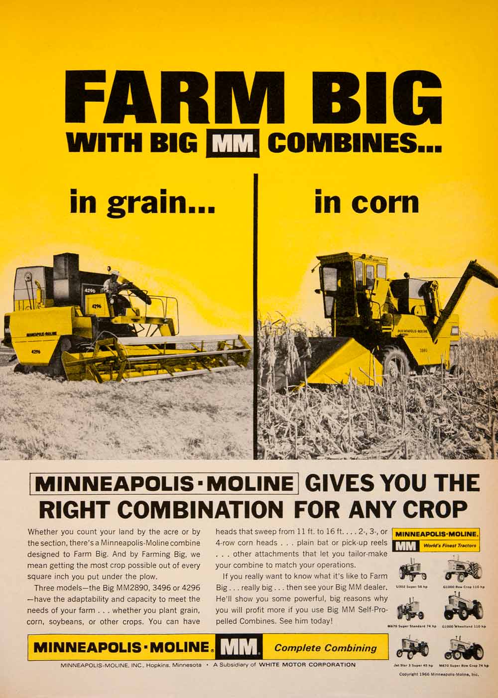 1966 Ad Minneapolis-Moline Tractor Farming Agriculture Combine Field Grain SF1