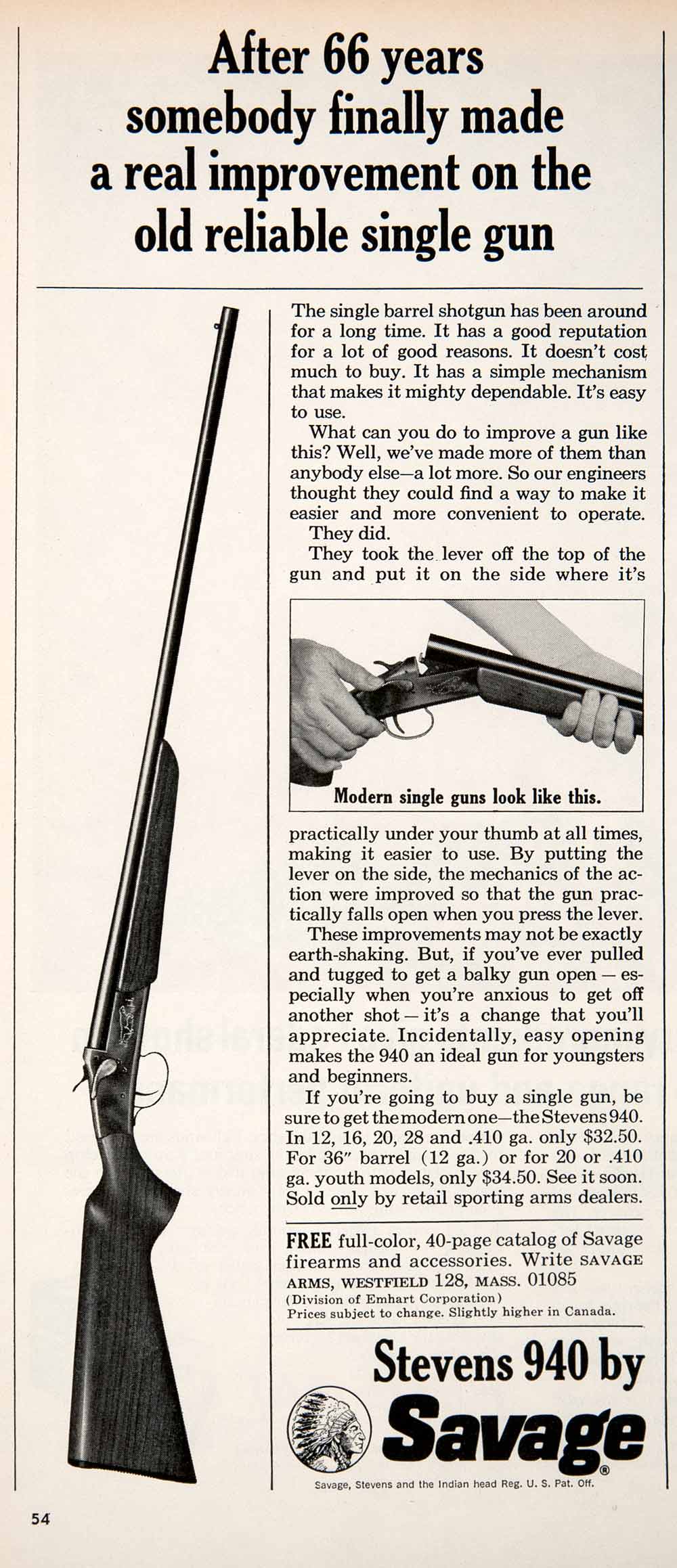 1965 Ad Stevens 940 Savage Single Barrel Shotgun Firearms Hunting Shooting SF2
