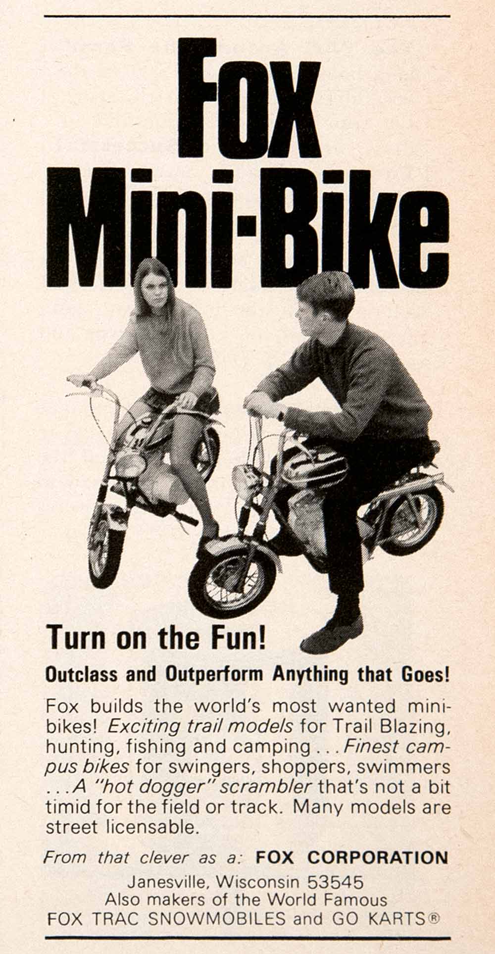 1969 Ad Vintage Motorized Fox Mini Bike Motorcycle Mopeds Janesville SF2