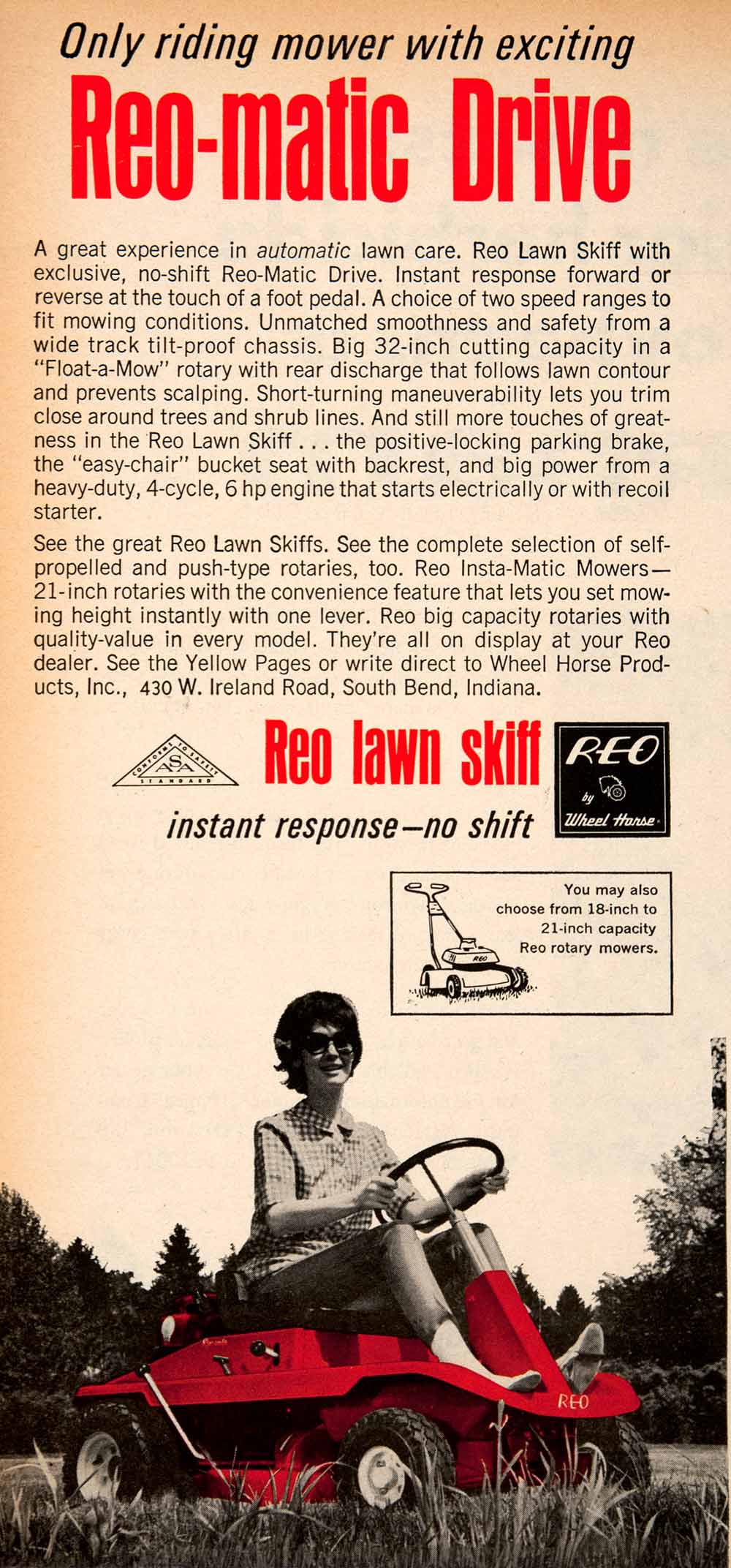 1966 Ad Reo-matic Lawn Skiff Vintage Riding Lawn Care Rotary Mower SF2