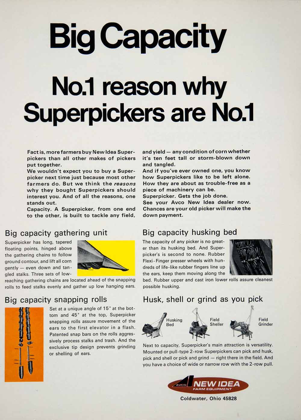 1969 Ad AVCO New Idea Superpickers Husk Shell Grind Farming Agriculture SF2