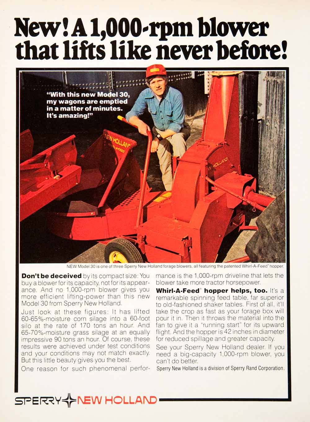 1978 Ad Sperry Holland Forage Blower Farm Machinery Rand Whirl-A-Feed Hopper SF3