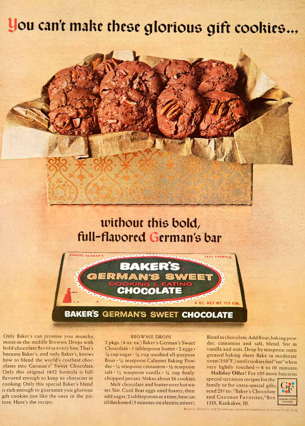 1964 Ad Baker's German's Sweet Cooking Eating Chocolate Samuel General Foods SF3