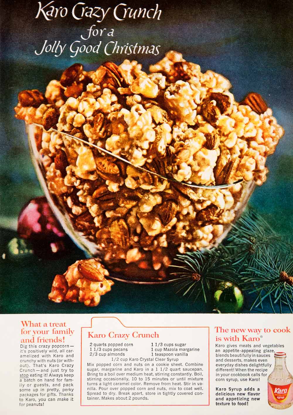 1964 Ad Karo Crystal Clear Syrup Crazy Crunch Popcorn Pecans Almonds Sugar SF3