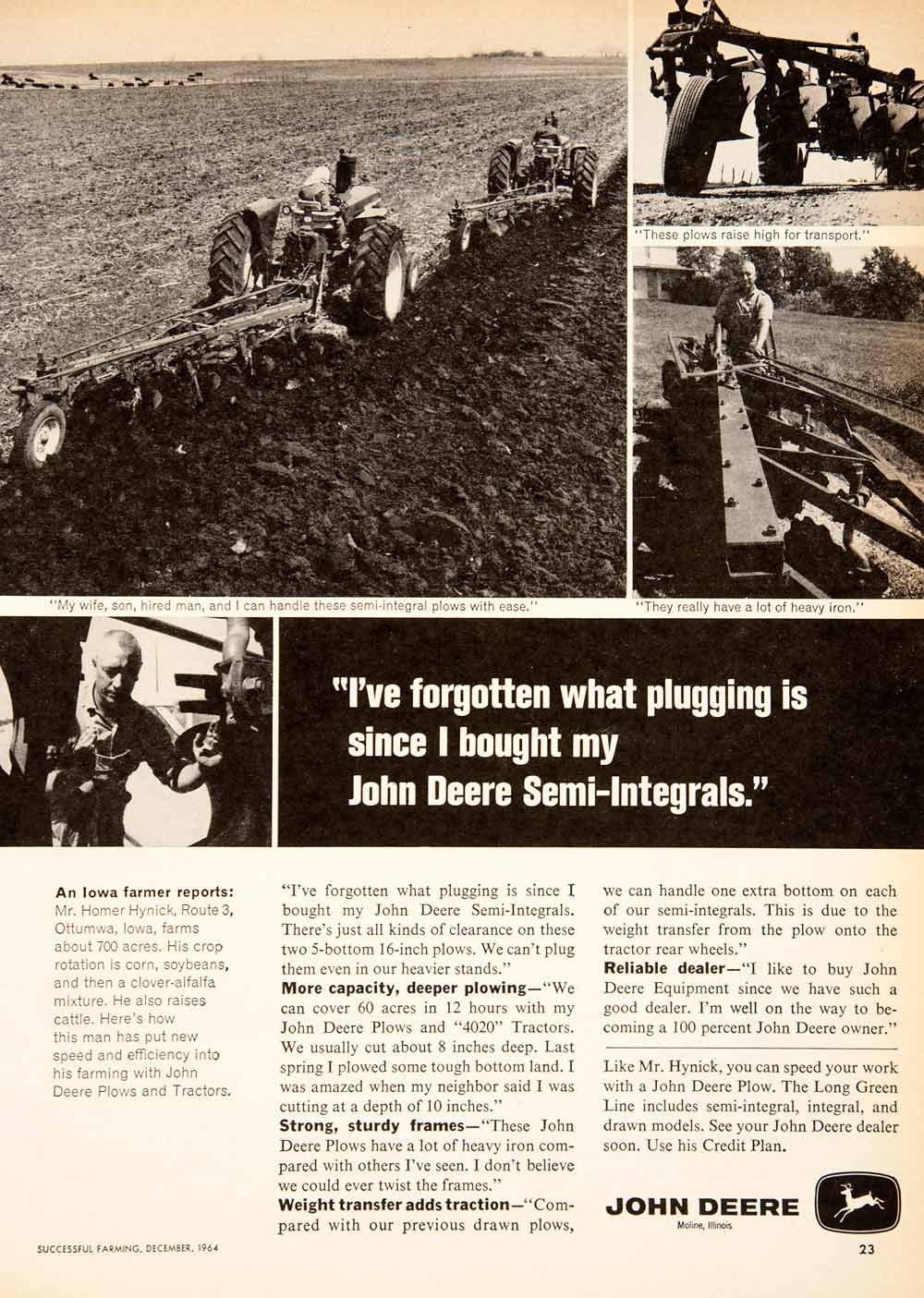 1964 Ad John Deere Moline Illinois Farming Equipment Machinery Plow Homer SF3