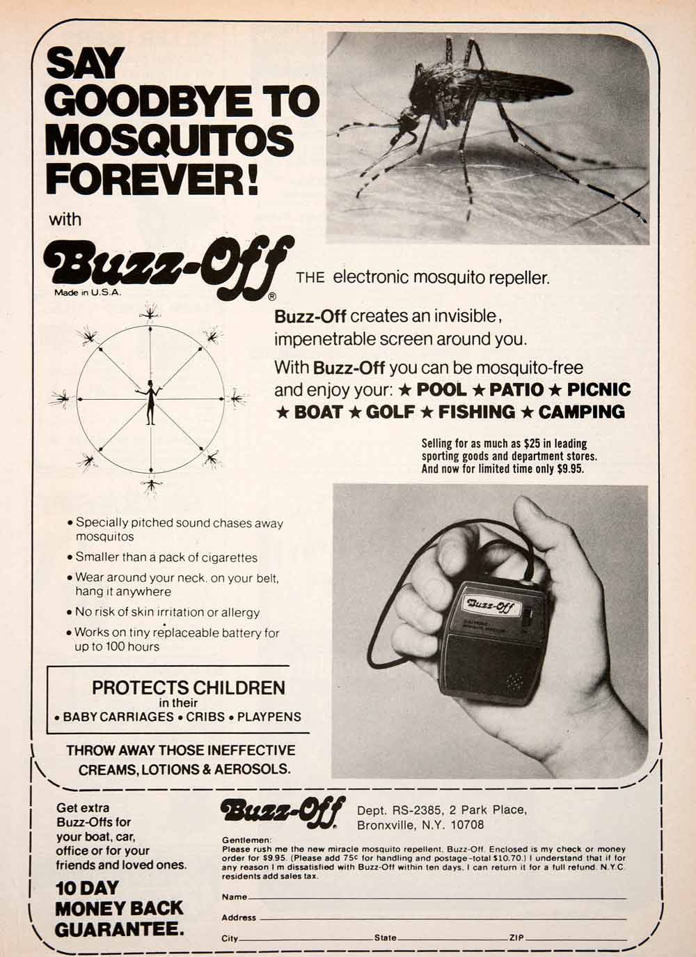 1976 Ad Buzz-Off Mosquito Repellant Insect Bronxville Electronic SF4