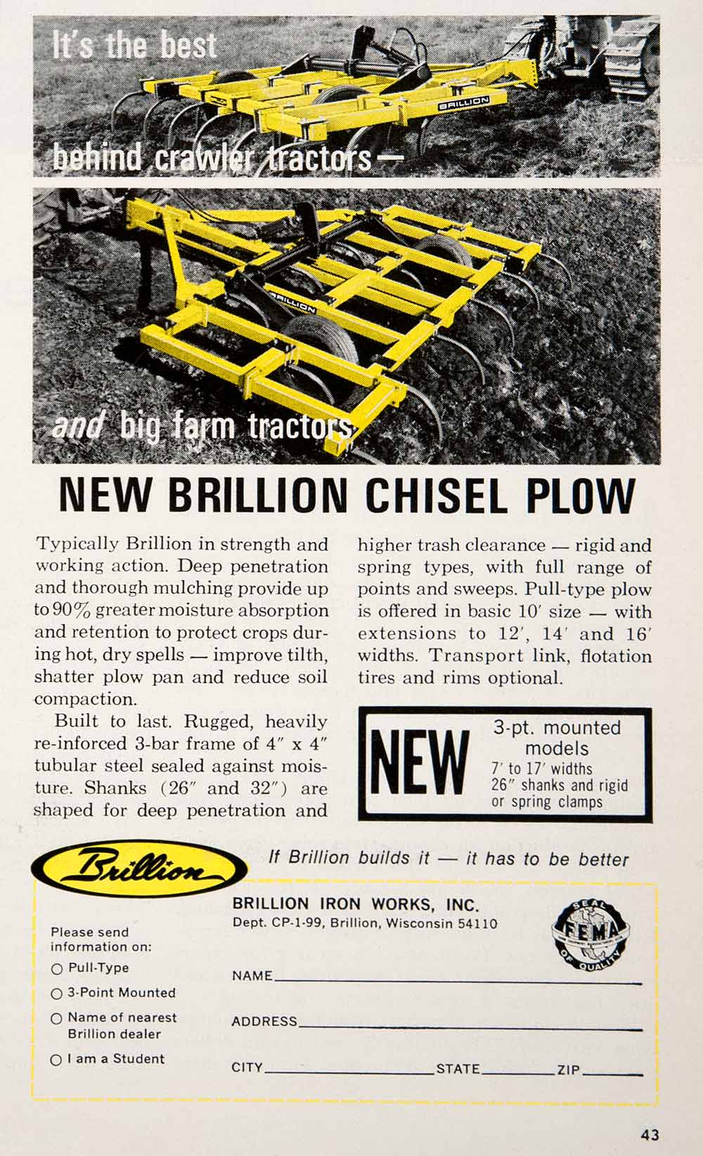 1969 Ad Brillion Chisel Plow Wisconsin Crawler Tractor Farming Agriculture SF4