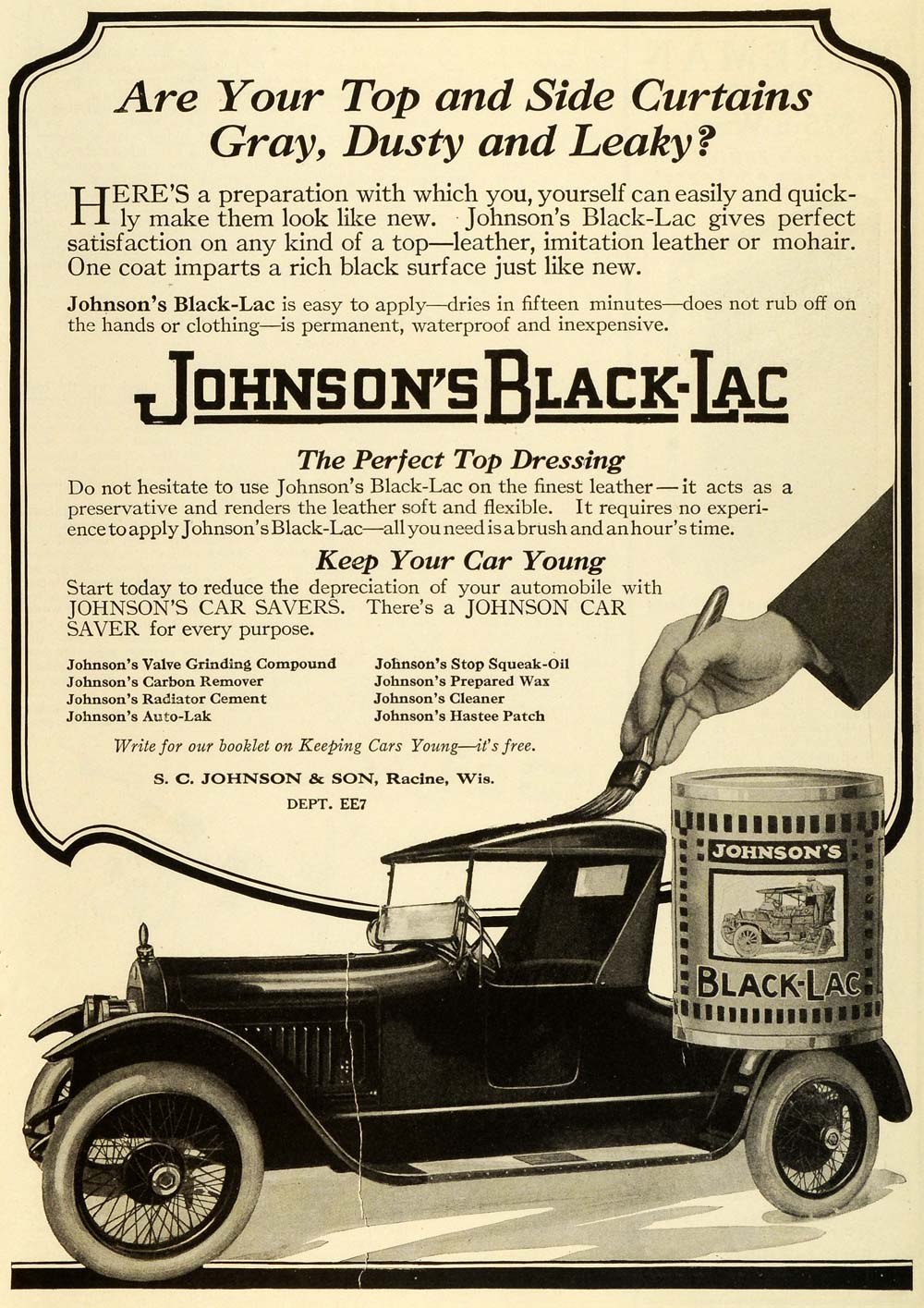 1920 Ad Johnson Black Lac Antique Car Maintenance Leather Convertible Top SI1