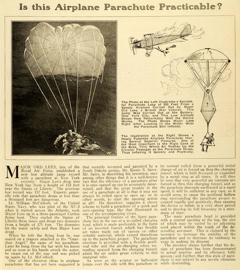 1920 Article Major Lee Royal Air Force Airplane Parachute Paratrooper SI1