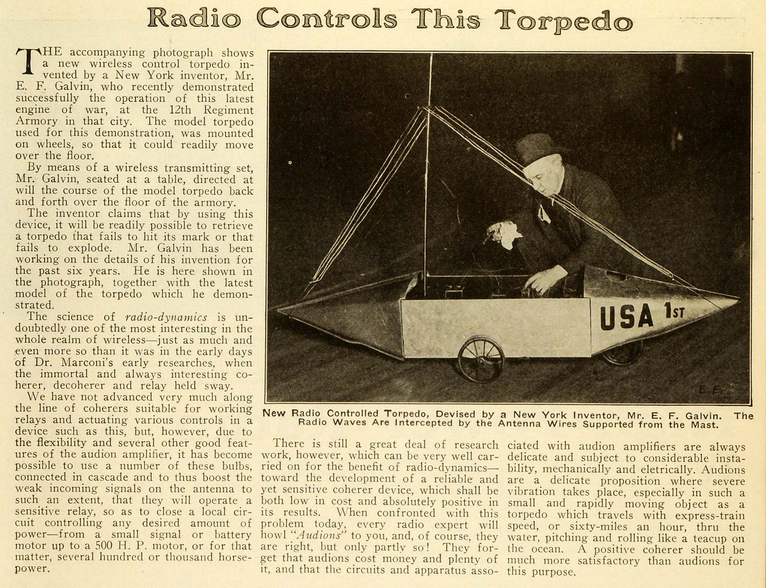 1920 Article Radio Torpedo E F Galvin Engine Armory Marconi War Weapon SI1