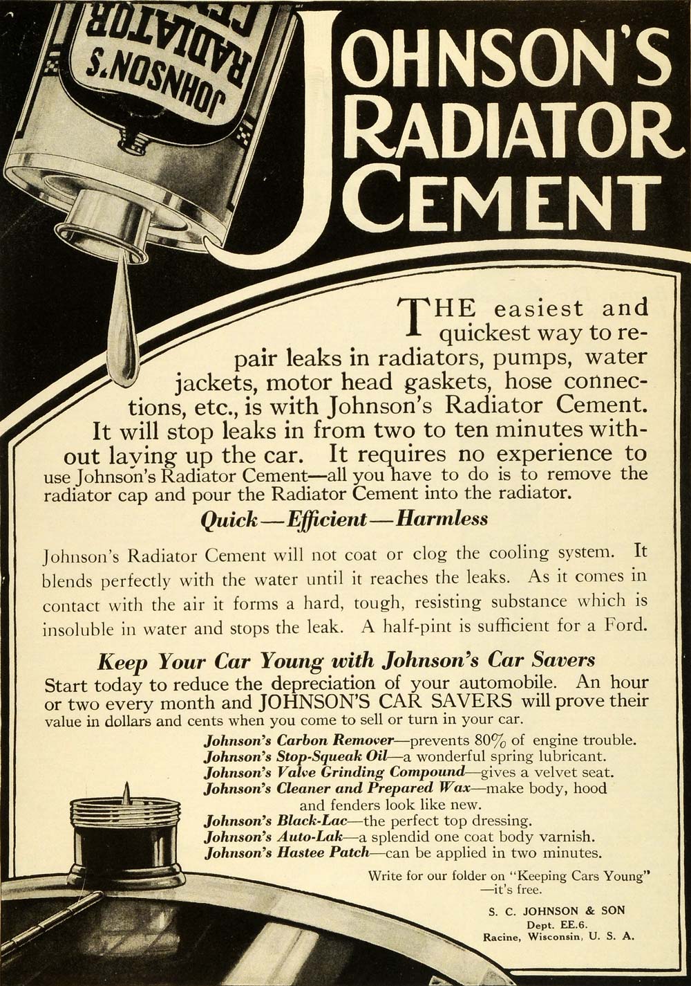 1920 Ad Johnson's Radiator Cement Racine Wisconsin Car Automobile Parts SI1