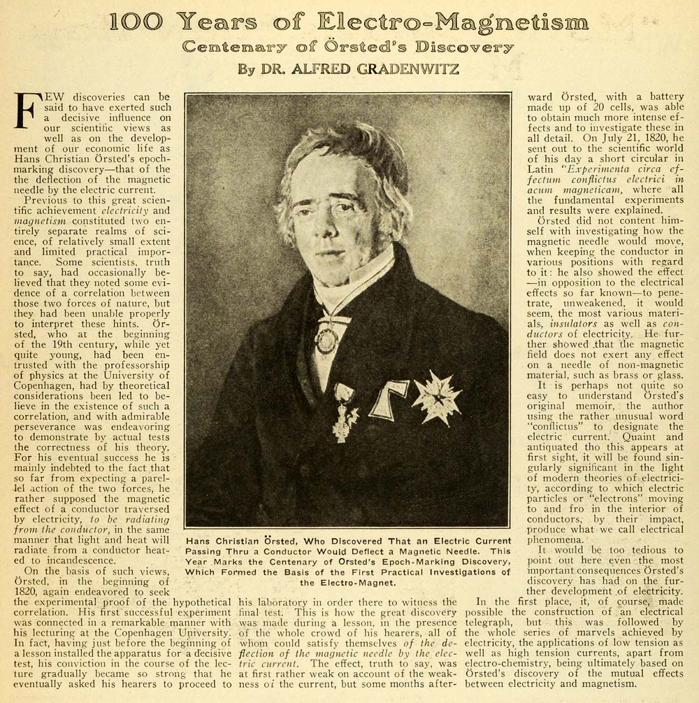 1920 Article Electromagnetism Alfred Gradenwitz Hans Orsted Portrait Science SI1