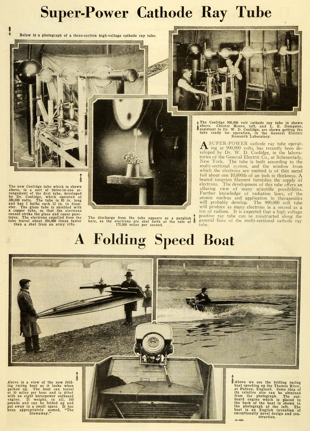 1928 Article Cathode Ray Tube Speed Boat Coolidge Schenectady Thames Putney SI1