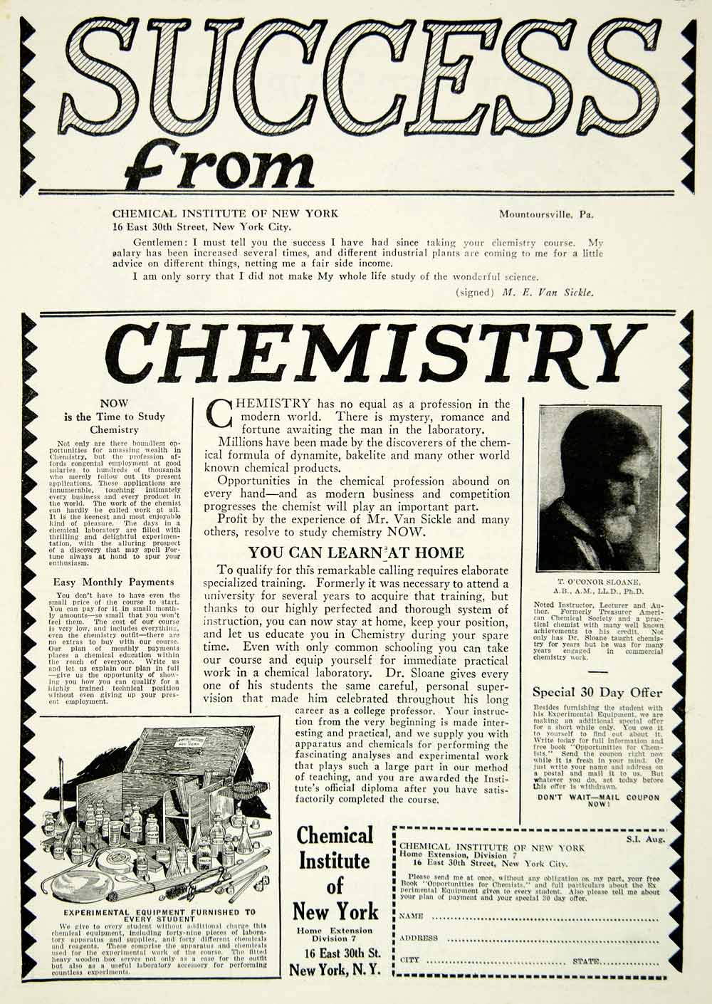 1927 Ad Chemical Institute New York Chemistry Learn Home T. O'Connor Sloane SI2