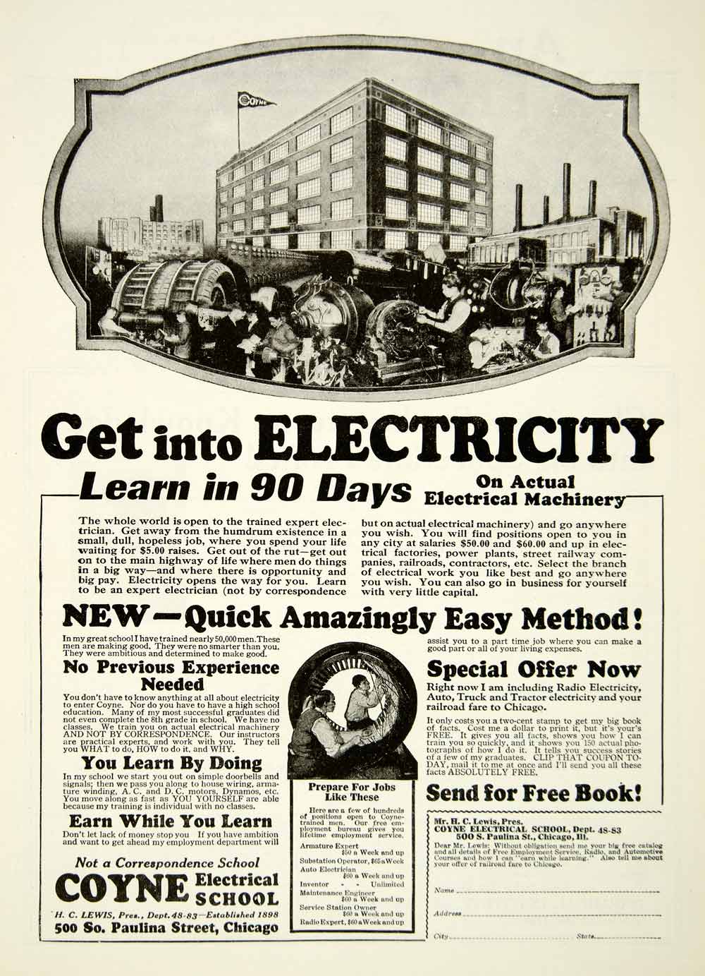 1928 Ad Coyne Electrical School Chicago Cityscape Education Street Scene SI2