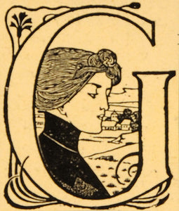 1921 Art Nouveau Initial Cap Letter G Design Lithograph - ORIGINAL SIL1