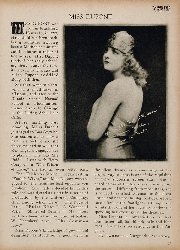 1923 Miss Dupont Silent Film Actress Biography Print - ORIGINAL HISTORIC IMAGE