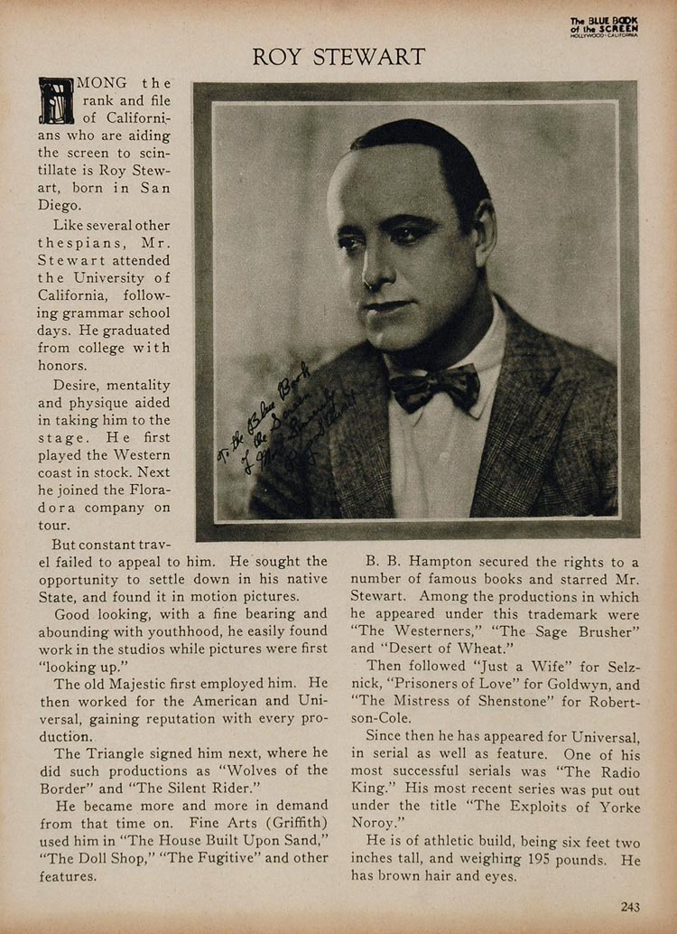 1923 Roy Stewart Silent Film Actor Biography Print - ORIGINAL HISTORIC IMAGE