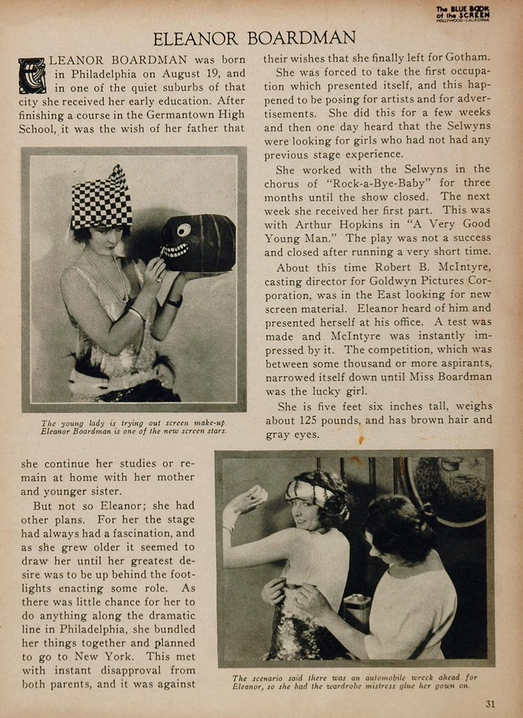 1923 Eleanor Boardman Silent Film Actor Biography Print ORIGINAL HISTORIC IMAGE