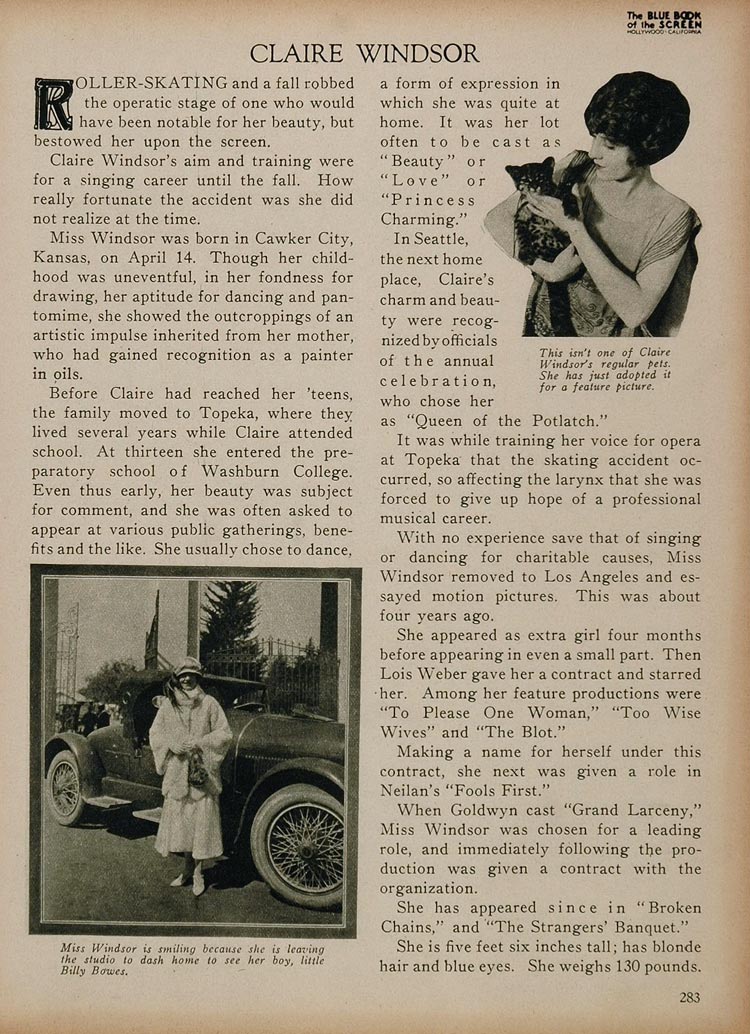 1923 Claire Windsor Silent Film Actress Biography Print ORIGINAL HISTORIC IMAGE