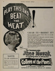 1922 Ad Colleen of the Pines Silent Film Jane Novak R-C - ORIGINAL SILENT