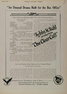 1922 Ad Silent Film One Clear Call John M. Stahl Movie - ORIGINAL SILENT