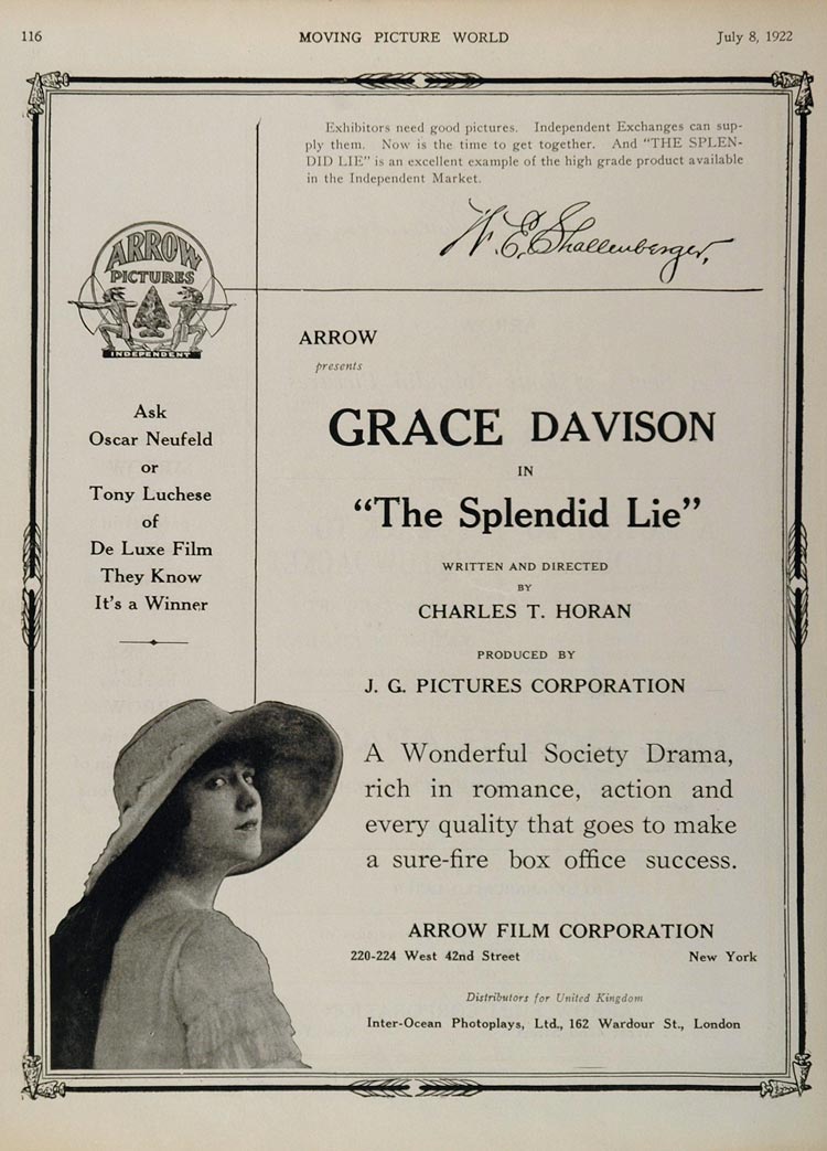 1922 Ad Silent Film Splendid Lie Arrow Pictures Movie - ORIGINAL SILENT