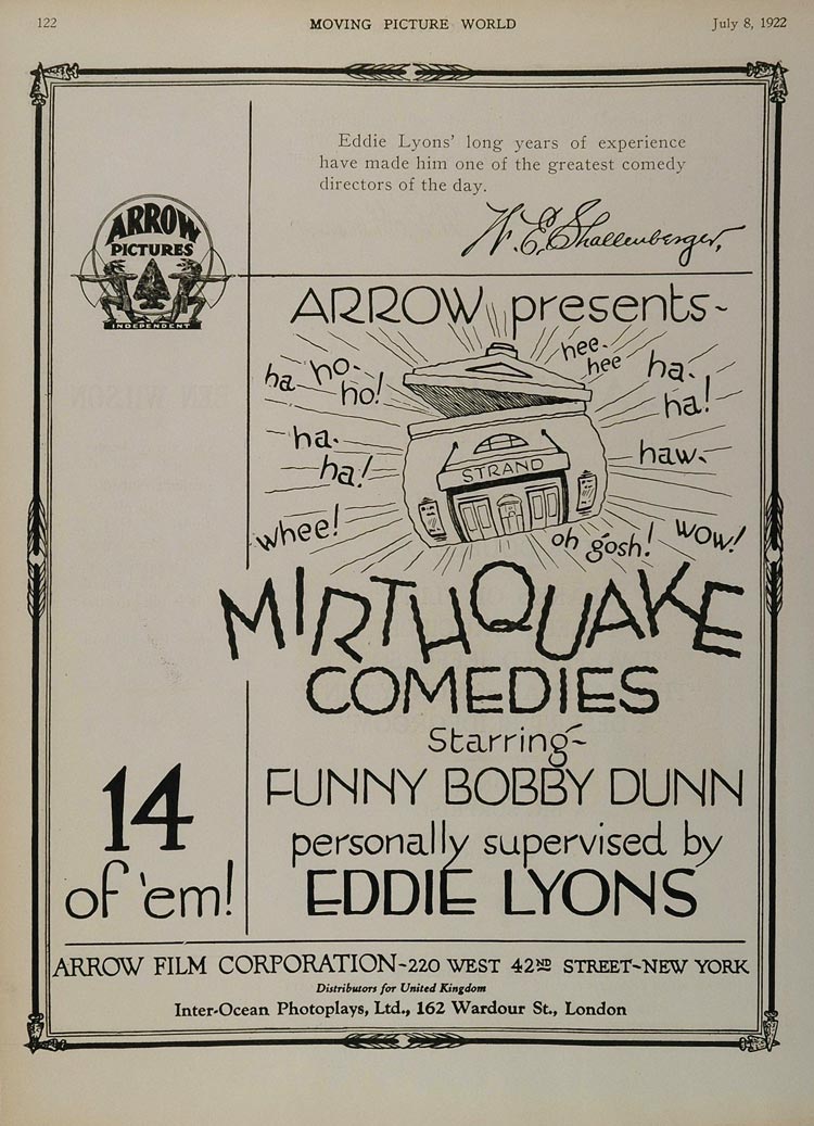 1922 Ad Silent Film Mirthquake Comedies Arrow Pictures - ORIGINAL SILENT
