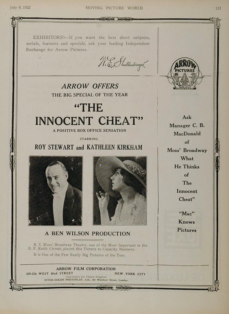 1922 Ad Silent Film Arrow Pictures Innocent Cheat Movie - ORIGINAL SILENT