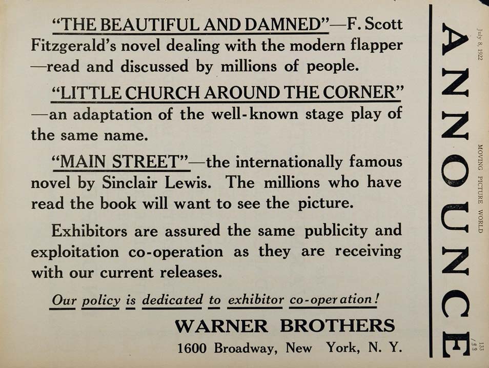 1922 Ad Warner Brothers Silent Films Main Street Brass - ORIGINAL SILENT