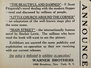 1922 Ad Warner Brothers Silent Films Main Street Brass - ORIGINAL SILENT
