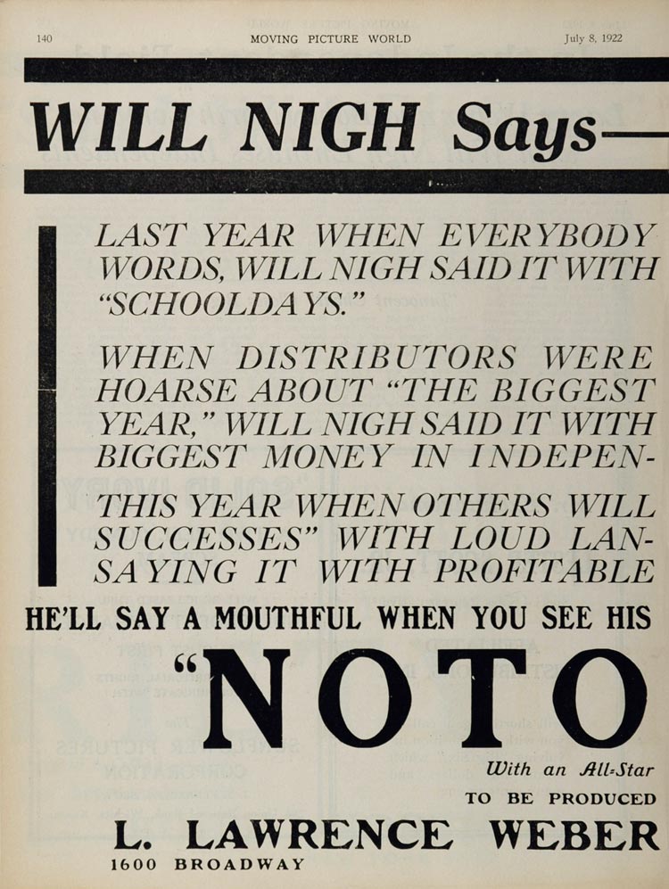 1922 Ad Notoriety Silent Film William Nigh Director - ORIGINAL SILENT