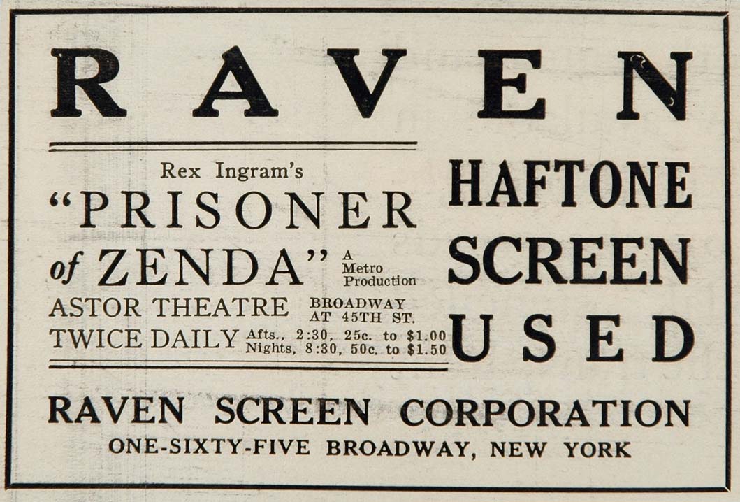 1922 Ad Raven Haftone Movie Screen Prisoner of Zenda - ORIGINAL SILENT