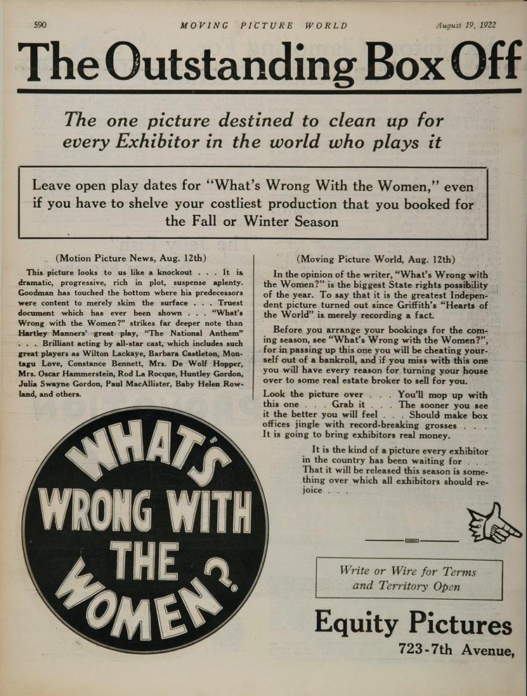 1922 Ad Silent Film What's Wrong With the Women Equity - ORIGINAL SILENT