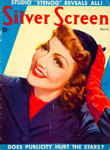 1938 Cover March Silver Screen Movie Film Actor Claudette Colbert Marland SILV1