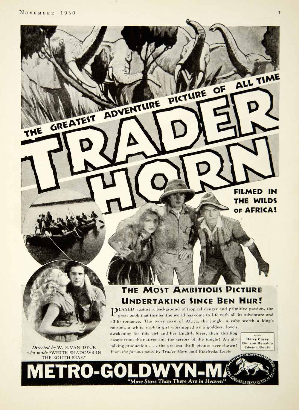 1930 Ad Trader Horn Harry Carey Duncan Renaldo Edwina Booth Elephant SILV1