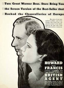 1934 Ad Portrait Movie Film British Agent Leslie Howard Kay Francis Actor SILV1