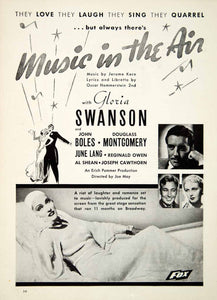 1934 Ad Music Air Movie Film Gloria Swanson Romance Portrait John Boles SILV1 - Period Paper
