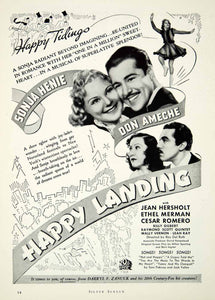 1938 Ad Movie Film Happy Landing Sonja Henie Don Ameche Hersholt Ethel SILV1