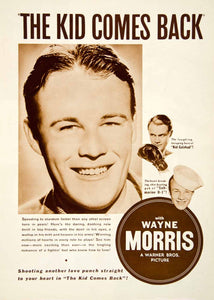 1938 Ad Movie Film Wayne Morris Kid Galahad Comes Back Boxing Warner SILV1