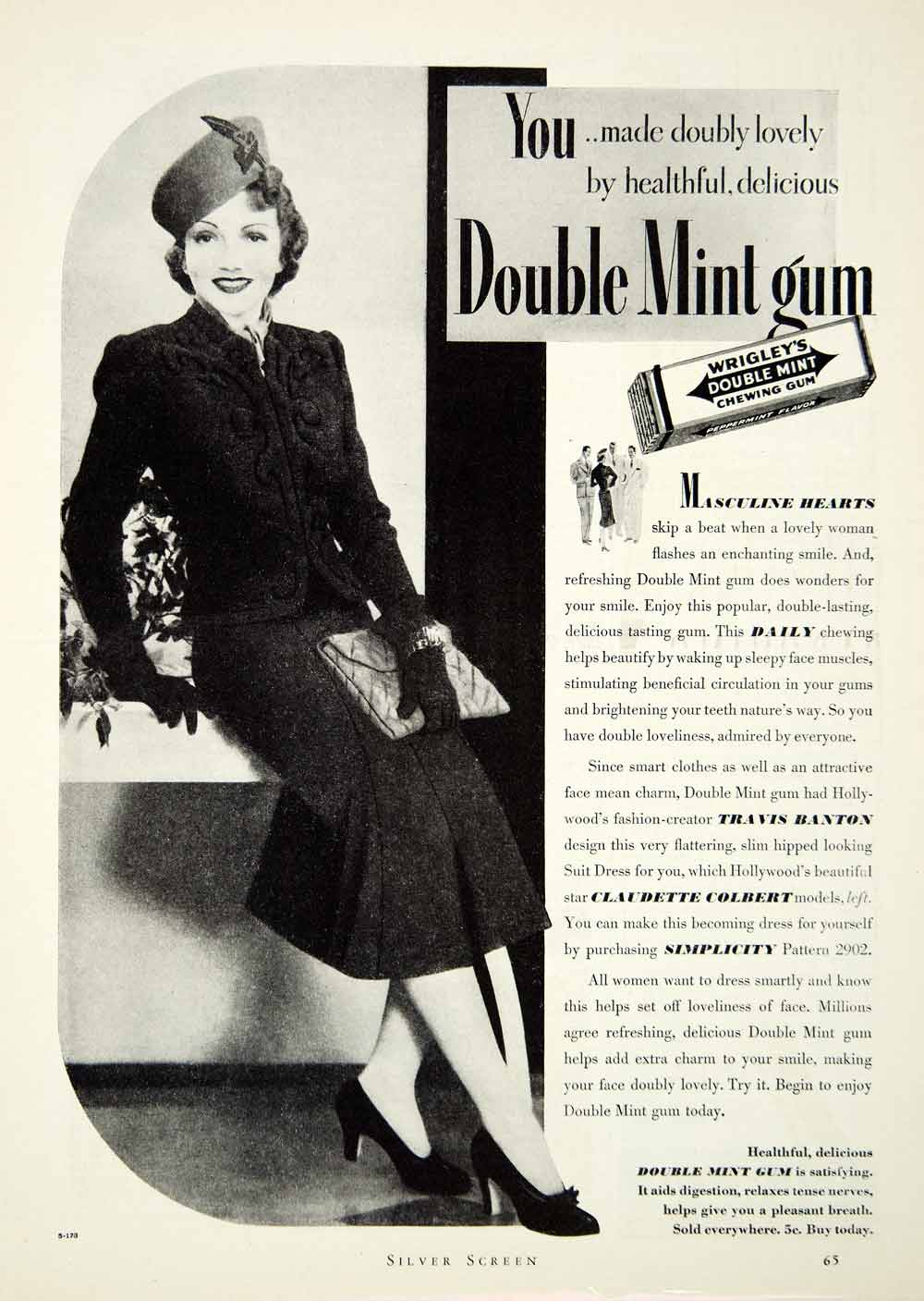 1938 Ad Portrait Claudette Colbert Wrigley Double Mint Gum Travis Banton SILV1