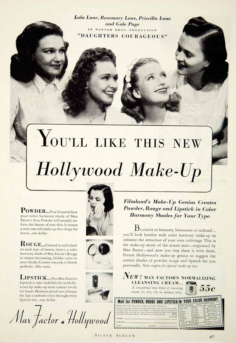 1938 Ad Max Factor Hollywood Make Up Lola Rosemary Priscilla Lane Gale SILV1