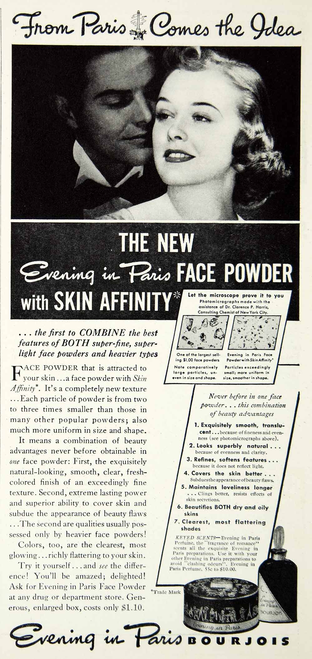 1938 Ad Evening Paris Powder Skin Affinity Portrait Woman Paris Bourjois SILV1