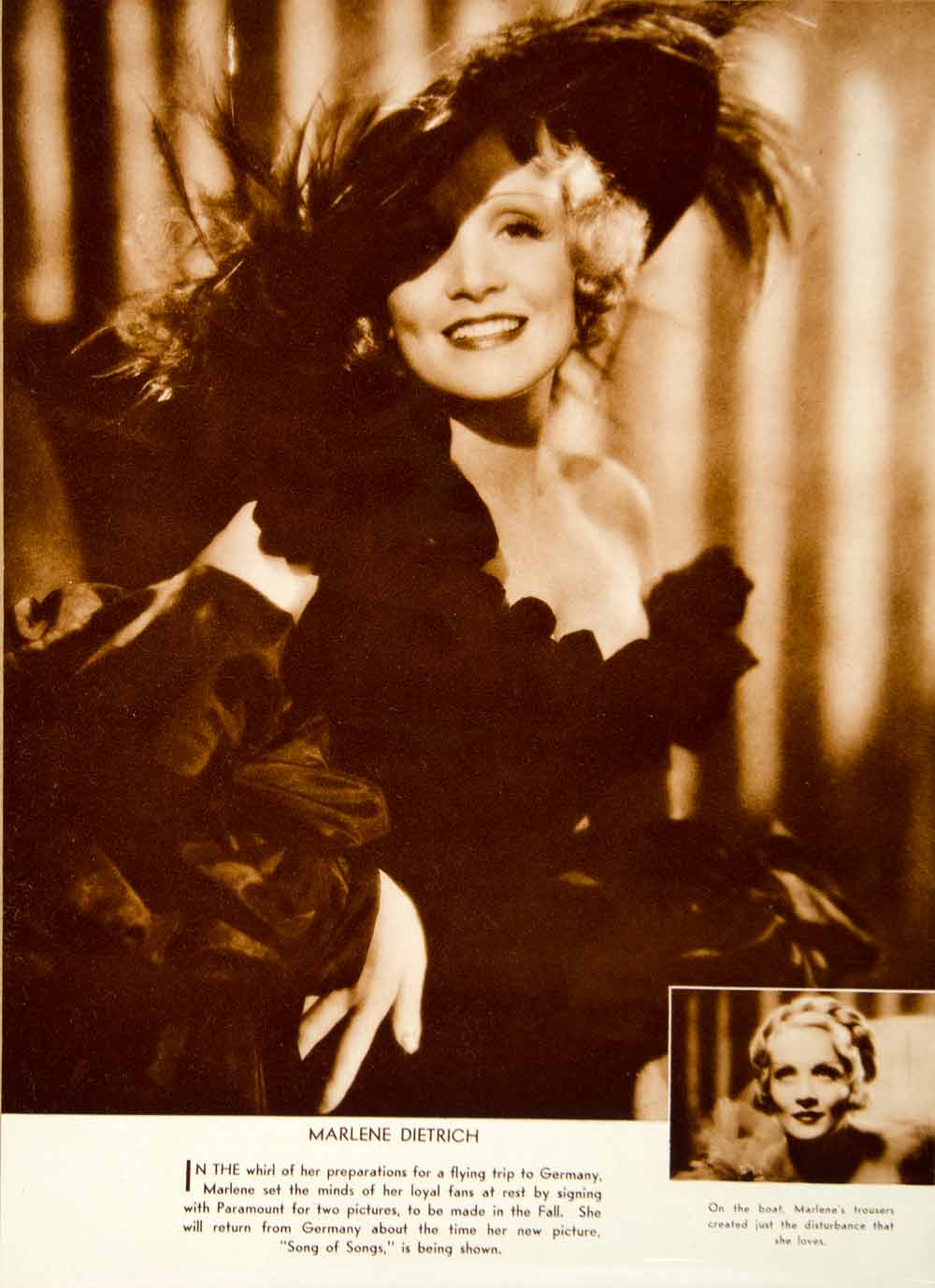 1933 Rotogravure Portrait Marlene Dietrich Song Movies Film Actress SILV1