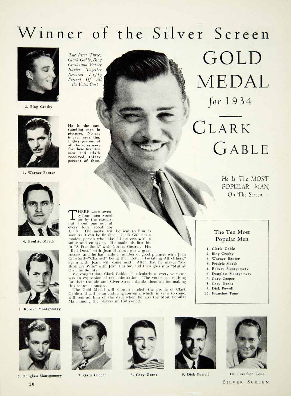 1934 Article Portrait Clarke Gable Famous Actor Portrait Gold Medal Bing SILV1 - Period Paper

